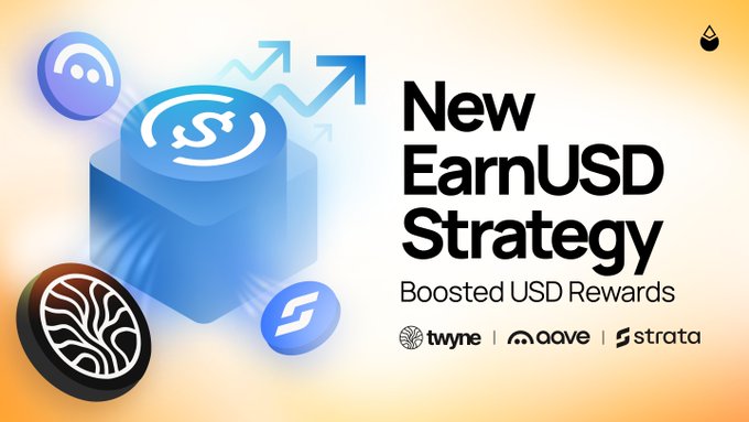 The image promotes Lido Earn's "New EarnUSD Strategy" with "Boosted USD Rewards," featuring partner logos for Twyne, Aave, and Strata, alongside a 3D blue vault/cube graphic with upward arrows symbolizing yield growth. It visually represents the strategy's expansion into Ethena's senior tranche, srUSDe, highlighting the platform's enhanced risk-protected yield offerings.