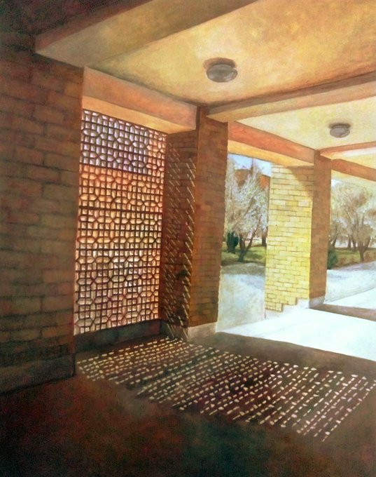 A warm-toned painting of a colonnaded walkway or breezeway with brick pillars, a decorative lattice wall casting shadow patterns, and glimpses of trees outside.