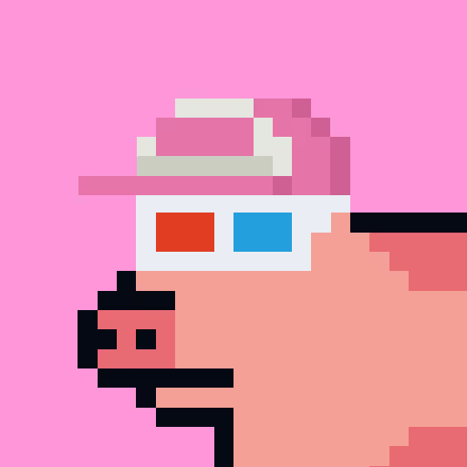 Pixel-art style profile illustration of a pink-skinned character wearing white 3D glasses (with red and blue lenses) and a white visor against a pink background.