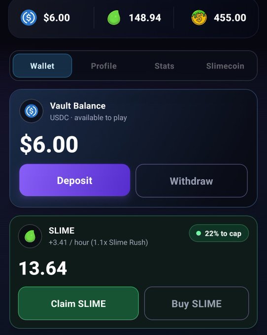 A dark-themed cryptocurrency wallet interface showing balances of $6.00 USDC, 148.94 SLIME, and 455.00 Slimecoin, with options to Deposit, Withdraw, Claim SLIME (+3.41/hour), and Buy SLIME.