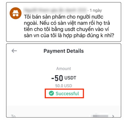 Vietnamese-language social media post asking about selling products to foreigners who pay via USDT transferred to a Vietnamese exchange wallet, accompanied by a payment confirmation screenshot showing a successful -50 USDT transaction.