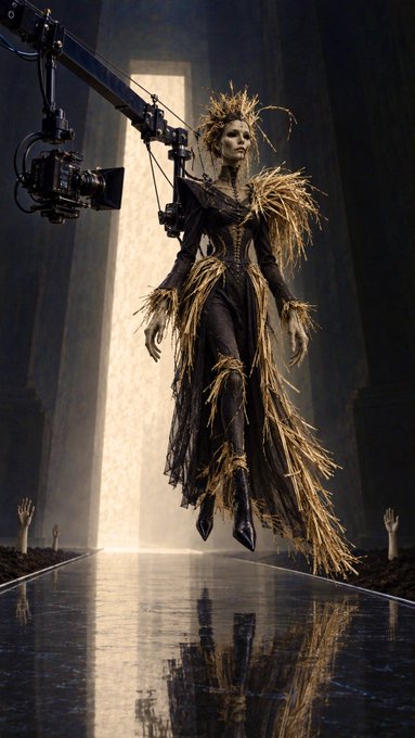 An artistic image showing a figure in an elaborate dress made of straw or hay, floating or suspended near a camera crane in a grand, dimly lit hall with hands reaching up from the floor.