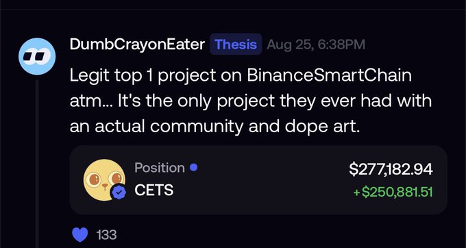 A Discord screenshot from user 'DumbCrayonEater' in the 'Thesis' server, boasting about a crypto project 'CETS' on BinanceSmartChain, showing a position value of $277,182.94 with a profit of +$250,881.51.