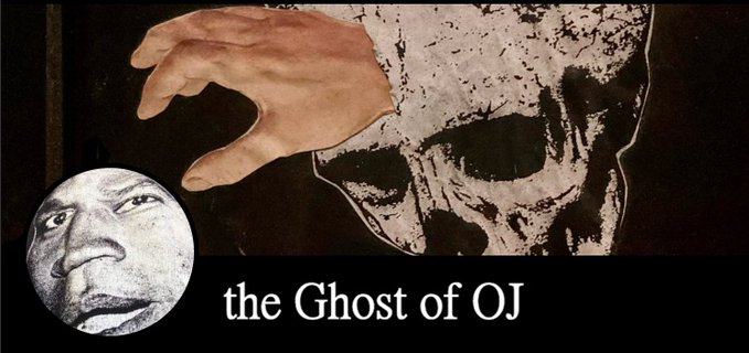 Promotional banner for "the Ghost of OJ" featuring a circular portrait of a man alongside an artistic illustration of a hand reaching over a sketched skull, with links to a two-part interview hosted by Skipbillbill on pARTy TV about the creator of @SUMMONnothing.