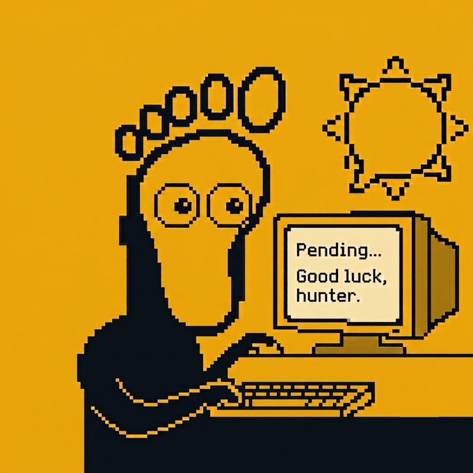 A pixel-art style illustration of a bald character with glasses at a computer terminal that displays 'Pending... Good luck, hunter.', reminiscent of a battle.net loading screen.