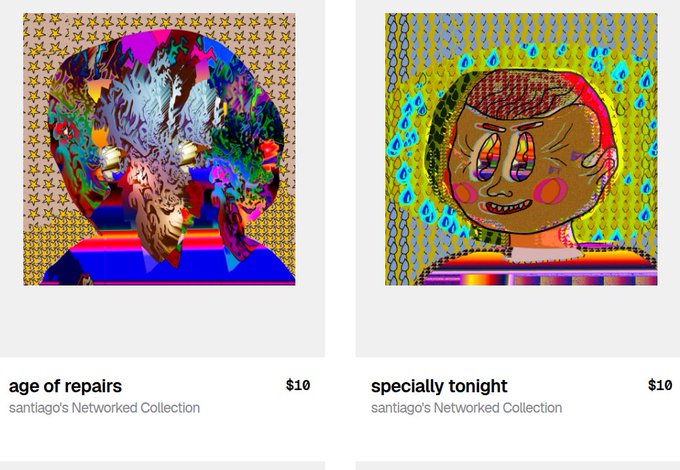 Two digital art pieces displayed for sale, titled 'age of repairs' and 'specially tonight,' both priced at $10 and part of santiago's Networked Collection.