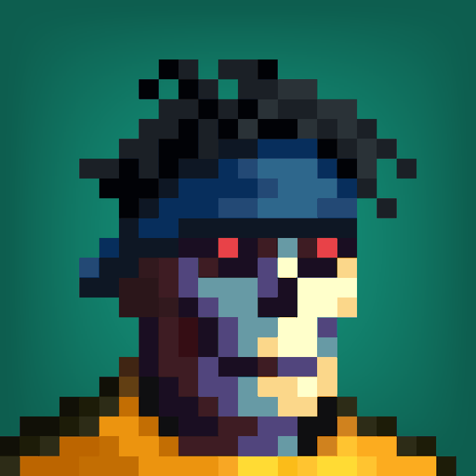 A low-resolution pixel art portrait of a character with dark blue hair, glowing red eyes, and a scar across their face, wearing an orange and yellow outfit against a teal background.