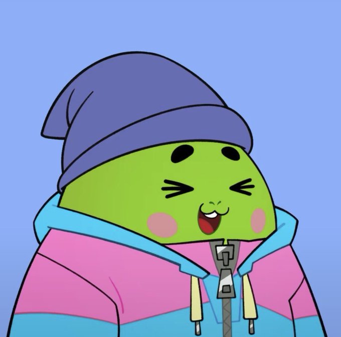 A cartoon illustration of a green, smiling character wearing a blue beanie and a pink and blue jacket, set against a light blue background.