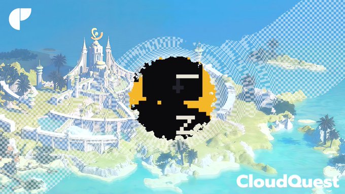 Promotional artwork for 'CloudQuest' featuring a pixelated black and gold skull design overlaid on a bright, stylized fantasy island landscape with a large castle.