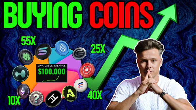 The image shows a thumbnail for a video about buying altcoins, featuring a man with his finger to his lips, a green upward arrow, various crypto coin logos with leverage multipliers (55X, 25X, 40X, 10X), and an "Available Balance" of $100,000—visually emphasizing the post's message about the anticipated altcoin rebound against Bitcoin.