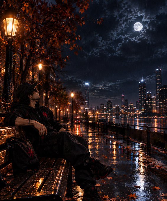 A digital artwork of a person in a black hoodie sitting on a wet bench at night on a city promenade, illuminated by warm street lamps under a full moon, with city skyline across the water.