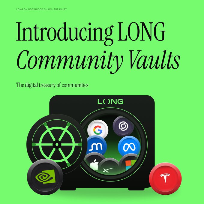 A promotional graphic with a green background announces "Introducing LONG Community Vaults" described as "The digital treasury of communities," featuring an illustrated black safe branded with the LONG logo that opens to reveal tokenized stock icons including Google, Meta, Apple, Microsoft, Tesla, NVIDIA, and others. The image visually reinforces the announcement of LONG's new community-owned treasury system by depicting a vault filled with stock-token pairs, symbolizing how token holders gain direct exposure to major publicly traded companies through the platform.