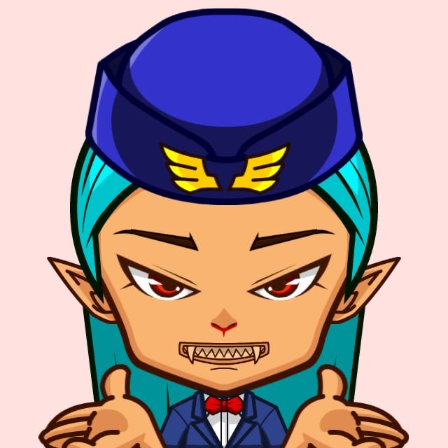 Cartoon illustration of a blue-haired anime character wearing a blue cap with wings emblem, baring sharp teeth and giving a thumbs up while dressed in a suit with red bow tie.