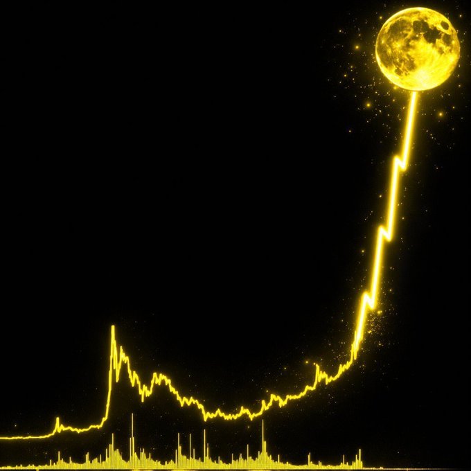 A glowing yellow graphic depicts a moon connected to a jagged line resembling a stock chart or audio waveform against a black background.