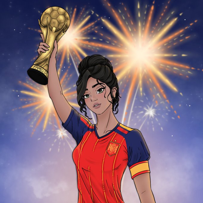 An illustrated woman in a red-and-navy Spain soccer jersey raises a golden “FAMIGLIA” trophy beneath bright fireworks, symbolizing achievement, curation, and identity—aligning with the post’s theme of creative collaboration and collecting work with @GoodFellasNFT.