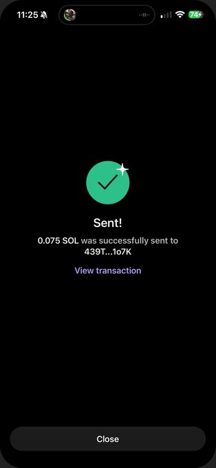 A confirmation screen showing a successful transfer of 0.075 SOL to address "439T...to7K," with a "View transaction" link and a "Close" button. This likely demonstrates one of the giveaway prize payouts mentioned in the post, where 0.075 SOL is being sent to one of the four random winners.