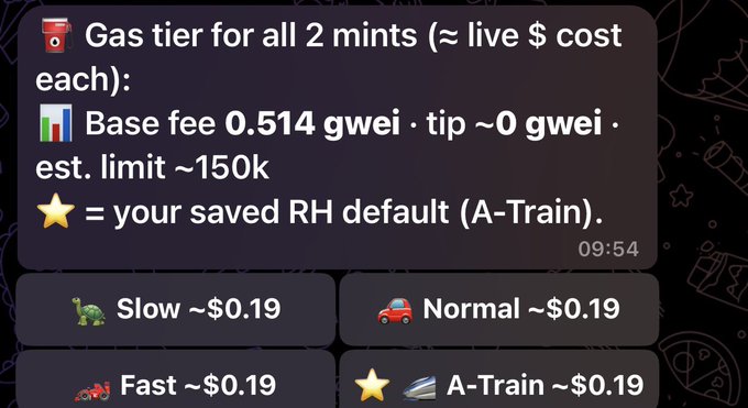 A mobile app interface displaying gas fee tiers for 2-minute transactions, with base fee of 0.514 gwei, tip ~0 gwei, and gas limit ~150k. Options include Slow, Normal, Fast, and A-Train (marked with star as saved default), each showing costs around $0.19-$0.09. The image illustrates the post's claim about gas fees being available on the Robinhood platform.