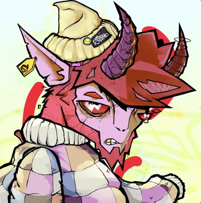 An anime-style illustration of a red-skinned demon character with horns, wearing a beige beanie and a padded jacket, against a yellow background.