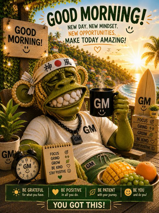 A motivational 'GOOD MORNING!' poster featuring a cool monkey wearing a Japanese headband holding a mug, with motivational text like 'FOCUS, GRIND, GROW, BE KIND, STAY POSITIVE' and 'YOU GOT THIS!'.