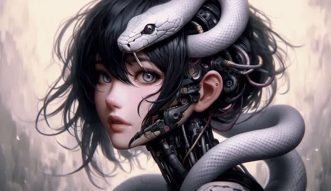 A digital artwork of a young woman with dark hair, blue eyes, and a white snake coiled around her head, featuring cybernetic/mechanical elements on the side of her face and neck.