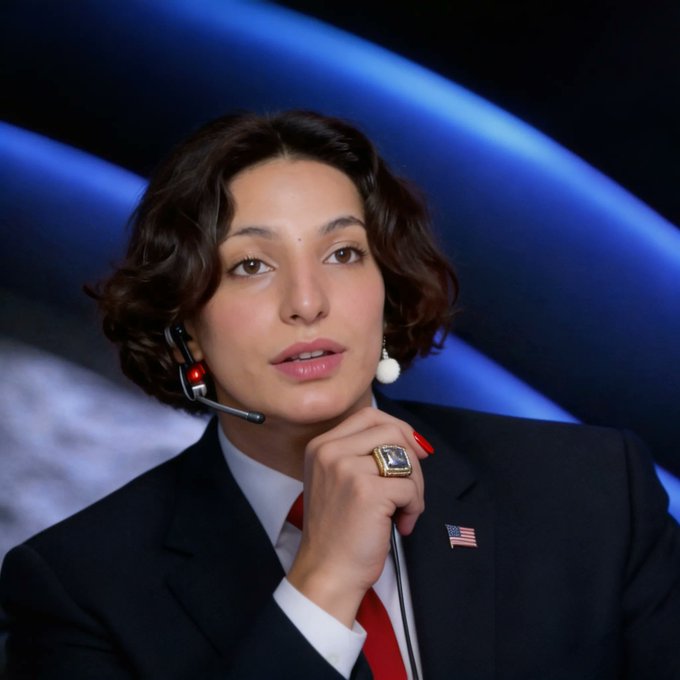 Photo of a woman with short curly dark hair wearing a dark suit, red tie, and American flag pin, speaking while wearing a headset microphone, likely at a debate or political event.