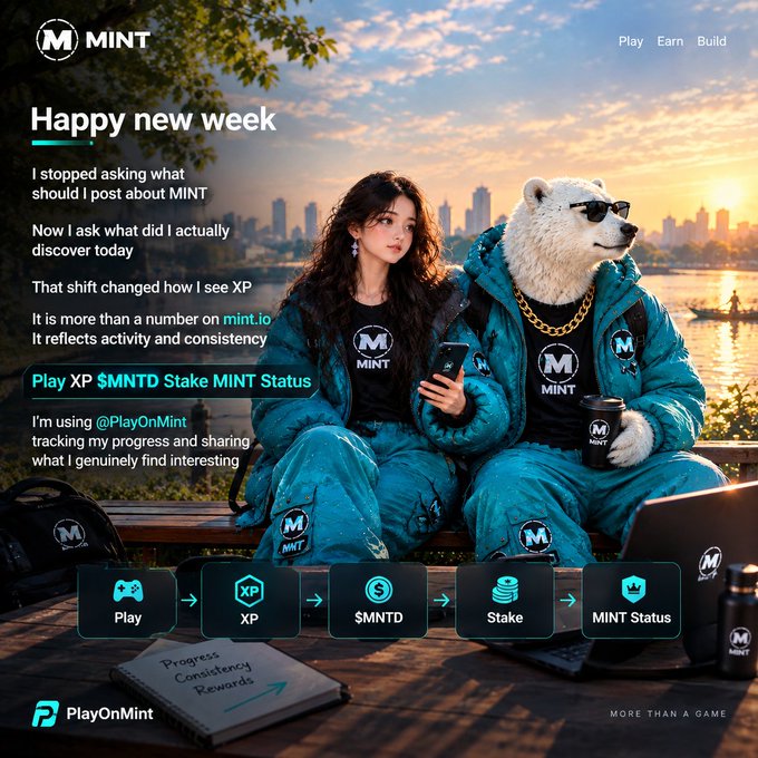 A promotional graphic for 'MINT' with a 'Happy new week' greeting, featuring an anime-style girl and a bear character in matching blue MINT tracksuits sitting on a bench at sunset, promoting PlayOnMint with flow icons for Play, XP, $MNTD, Stake, and MINT Status.