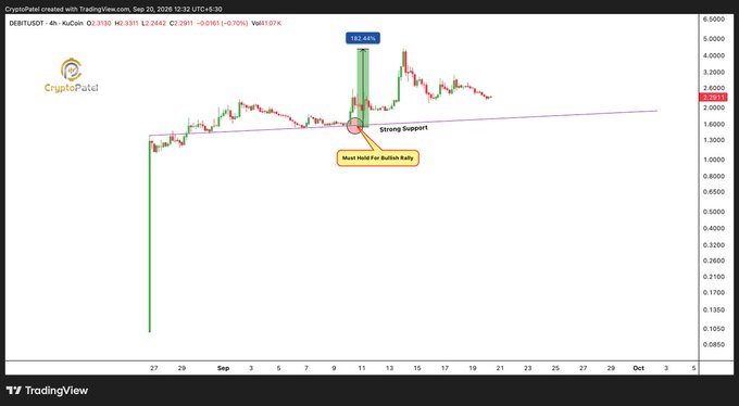A TradingView 4-hour chart for DEBT/USDT on CryptoPatel showing a 'Strong Support' trendline and a 'Must Hold For Bullish Rally' annotation.