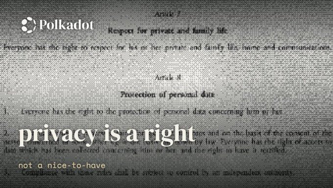 The image features a Polkadot-branded graphic overlaying text from Article 7 ("Respect for private and family life") and Article 8 ("Protection of personal data") of the EU Charter of Fundamental Rights, with bold white text declaring "privacy is a right, not a nice-to-have." This visual reinforces the post's message about Polkadot championing data ownership as a fundamental Web3 narrative, highlighting how protection of personal data is enshrined as a basic right in EU law—aligning with the caption's emphasis on Article 8 of the EU Charter.