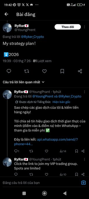 The image shows a post by user "RyRar" (@YoungPrant) titled "My strategy plan!" with a 2026 emoji, followed by a reply promoting a Vietnamese-language "Hiến bần góc" (Free Corner) WhatsApp group for learning trade secrets, containing a suspicious shortened link. This appears to be exactly the type of scam post the caption warns about—impersonating or piggy-backing on @Ryker_Crypto with a sketchy external link disguised as a free trading community invite.