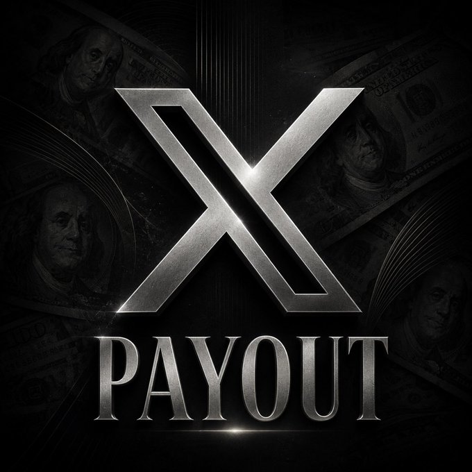 The image features a sleek metallic "X" logo with the word "PAYOUT" beneath it, set against a dark background with faded $100 bills and Benjamin Franklin's portrait. This relates to the news about 𝕏 (formerly Twitter) rolling out creator revenue share payments, with the "X PAYOUT" graphic symbolizing the financial rewards being distributed to creators.