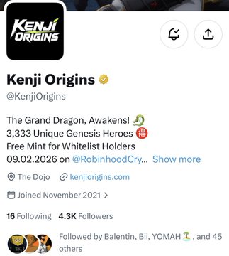 A screenshot of the Kenji Origins Twitter/X profile showing 4.3K followers, with a pinned tweet reading 'The Grand Dragon, Awakens! 3,333 Unique Genesis Heroes Free Mint for Whitelist Holders 09.02.2026 on @RobinhoodCry…'.