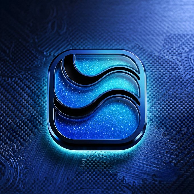 A glowing blue 3D-rendered Stellar (XLM) cryptocurrency logo with a wavy design displayed on a textured carbon-fiber background.