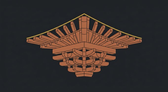 An architectural illustration of an inverted, symmetrical wooden structure resembling an Asian-style building or decorative ornament against a dark background.