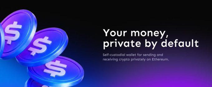 A promotional banner with floating blue and purple coin tokens, advertising a self-custodial wallet for private crypto transactions on Ethereum with the tagline "Your money, private by default."