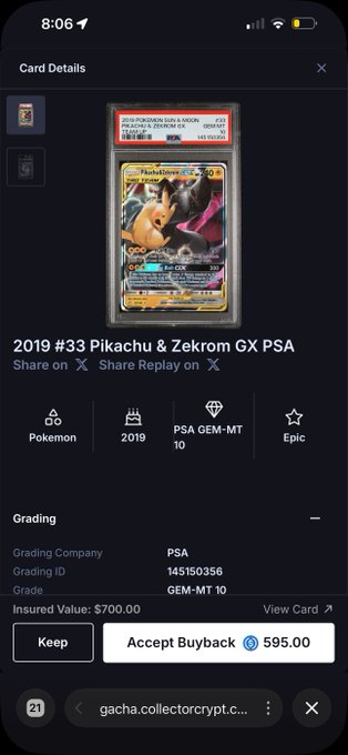 A mobile app screen shows a 2019 #33 Pikachu & Zekrom GX PSA 10 graded Pokemon card with an insured value of $700.00 and a buyback offer of $595.00.