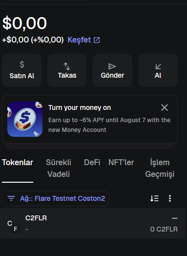 A screenshot of a crypto wallet interface showing a balance of $0.00 with text indicating "Keşfet" (Discover) and a token labeled "C2FLR" on the "Flare Testnet Coston2" network, visually confirming the post's claim that the wallet has been completely drained of funds.