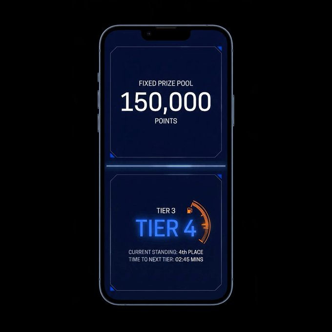 A smartphone screen displays a "Fixed Prize Pool" of 150,000 points alongside a tier tracker showing the user at "Tier 4" with a current 4th place standing and 02:45 minutes until the next tier. The image visually represents the prize pool and competitive tier system for the TIFT 2026 Team Championship, mirroring the post's announcement of the milestone-based 1,500,000 USDT reward unlocked at 20B trading volume.