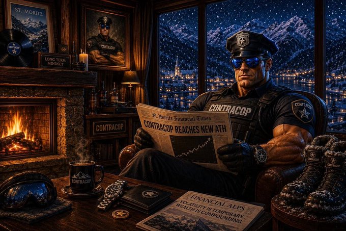 An AI-generated illustration of a muscular police officer reading a newspaper titled 'CONTRACOP REACHES NEW ATH' in a cozy room with a fireplace, surrounded by Contracop-themed merchandise including boots, a mug, and a vinyl record.