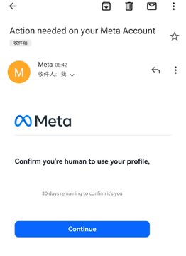 A mobile email screenshot shows a message from Meta (08:42) with the subject 'Action needed on your Meta Account' and a 'Continue' button to confirm humanity.