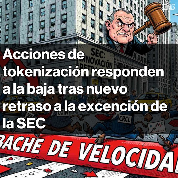 A Spanish-language cartoon graphic showing SEC regulators with a gavel chasing bull characters wearing 'CRCL' shirts, with text 'Acciones de tokenización responden a la baja tras nuevo retraso a la exención de la SEC' and a banner reading 'RACHE DE VELOCIDA'.