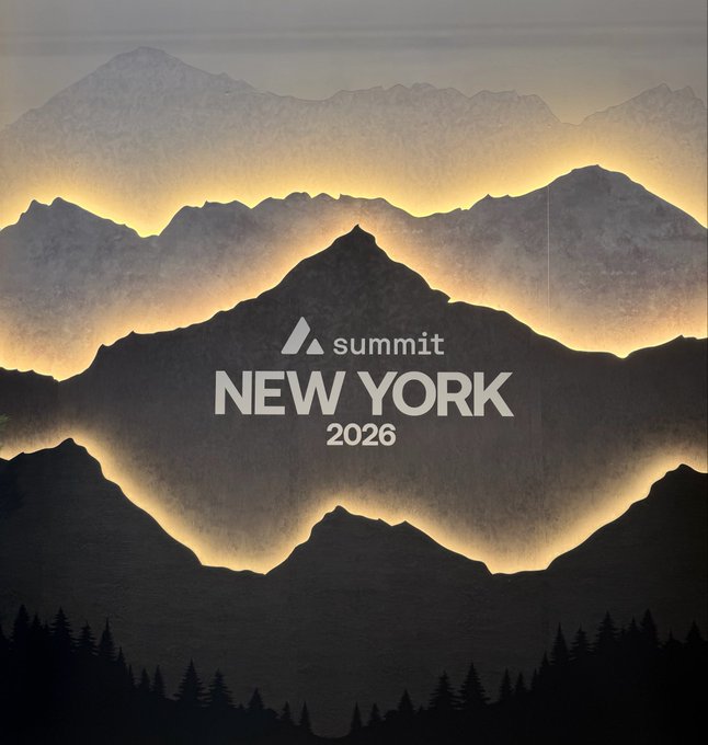 A promotional poster shows layered, silhouetted mountain ranges illuminated by a glowing sunset, with the text 'summit NEW YORK 2026' centered in white.