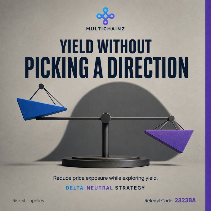 The image is a promotional graphic by MultichainZ featuring a balanced scale with a blue triangle tilted up on the left and a purple triangle tilted down on the right, illustrating market neutrality. It includes the text "YIELD WITHOUT PICKING A DIRECTION," "Reduce price exposure while exploring yield," "DELTA-NEUTRAL STRATEGY," and "Referral Code: 2323BA," visually reinforcing the post's message that delta-neutral yield strategies aim to earn returns without betting on market direction.
