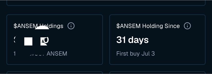 Dark-themed digital wallet dashboard showing "$ANSEM Holdings" and "$ANSEM Holding Since 31 days, First buy Jul 3".