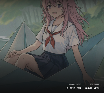 An anime-style illustration of a pink-haired girl in a school uniform with a red scarf sitting on geometric pyramid shapes, with 'FLOOR PRICE 0.0718 ETH' and 'TOP OFFER 0.061 METH' displayed at the bottom.