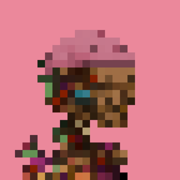 A heavily pixelated, blocky digital image shows a figure or object composed of various colors (browns, greens, pinks, blues) against a solid pink background.