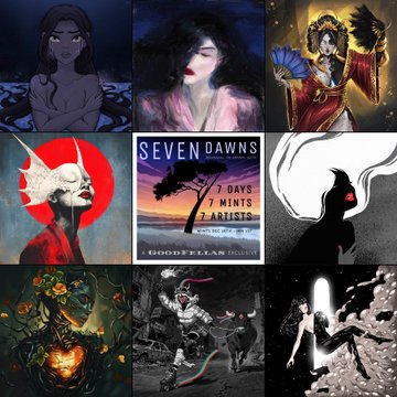 The image features a collection of nine different artworks, each with its own unique style and theme. The artwork titled "Seven Dawns" is prominently displayed at the top center of the grid. The artist responsible for this piece is Anna, who has gained recognition as one of the best artists in the Space Artist Incubator Collection. Her work is described as having deep meaning and being a true masterpiece. The artworks are arranged in a grid format with each artwork occupying its own square within the image.