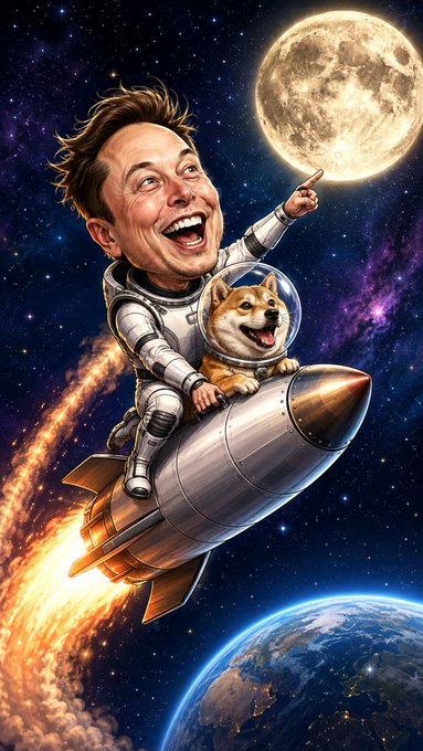 A caricature shows Elon Musk riding a rocket through space toward the moon, accompanied by a Shiba Inu dog wearing a space helmet, with Earth visible below.