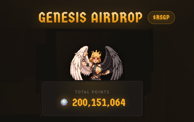 A 'GENESIS AIRDROP' banner for $RSGP displays an angel-winged character with a crown above a total points counter showing 200,151,064.