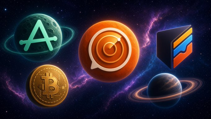 A space-themed graphic featuring cryptocurrency and app icons (A, Bitcoin, Raydium, and a wallet) arranged around planets with purple cosmic background.