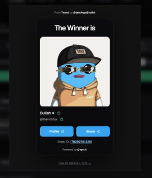 Tweet screenshot announcing a giveaway winner 'Bullish 🐂' with a blue cartoon avatar wearing a hat and sunglasses, from an ApeChain-related promotion with Profile and Share buttons.